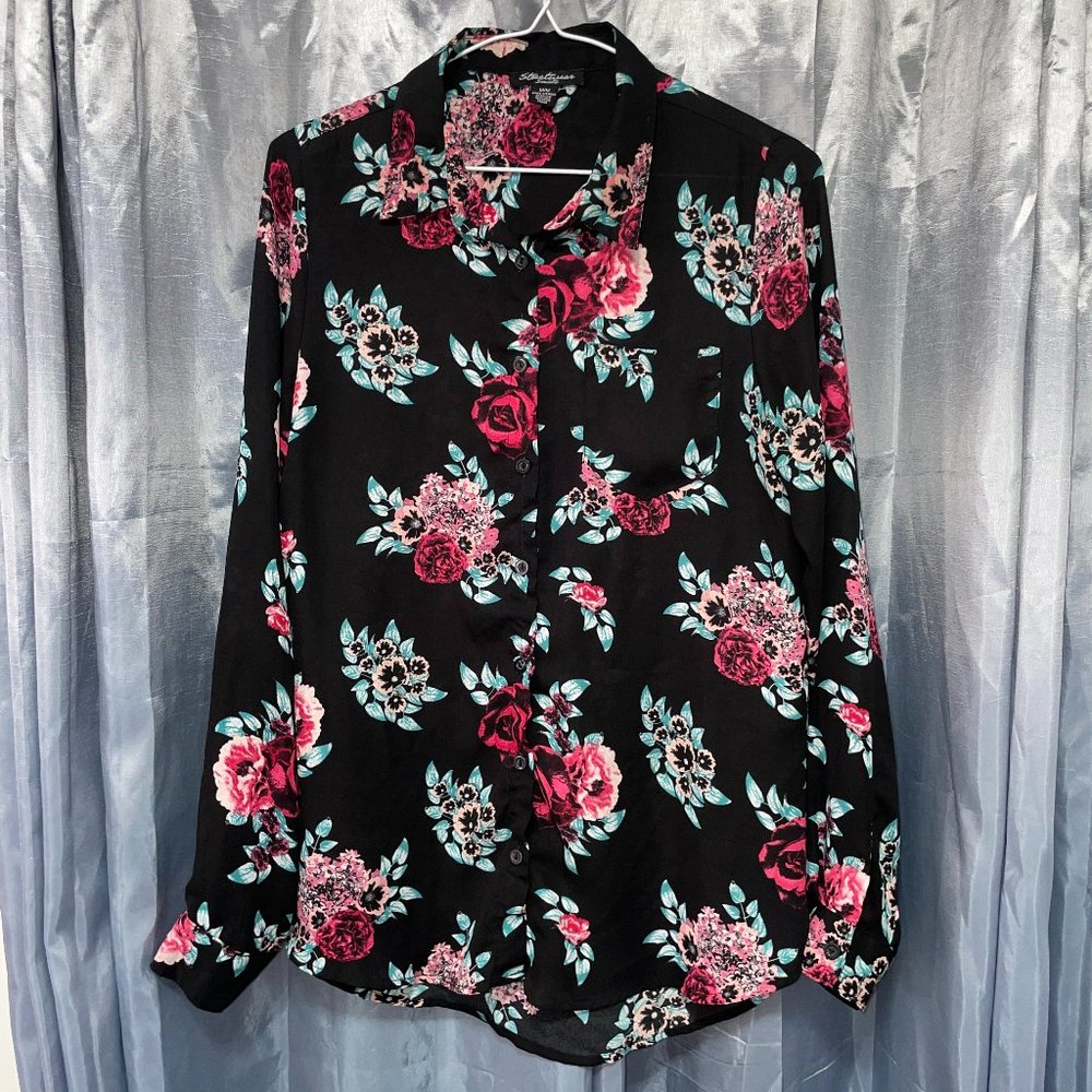 STREETWEAR SOCIETY Black & Pink Rose Floral Button-Down Collared Blouse Sz M